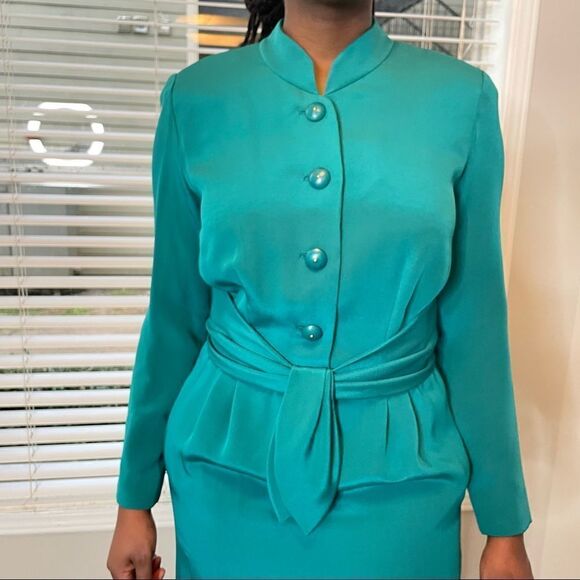 Vintage Mirella Cavorso Neiman Marcus Vintage Silk Teal Midi Dress - Picture 4 of 13